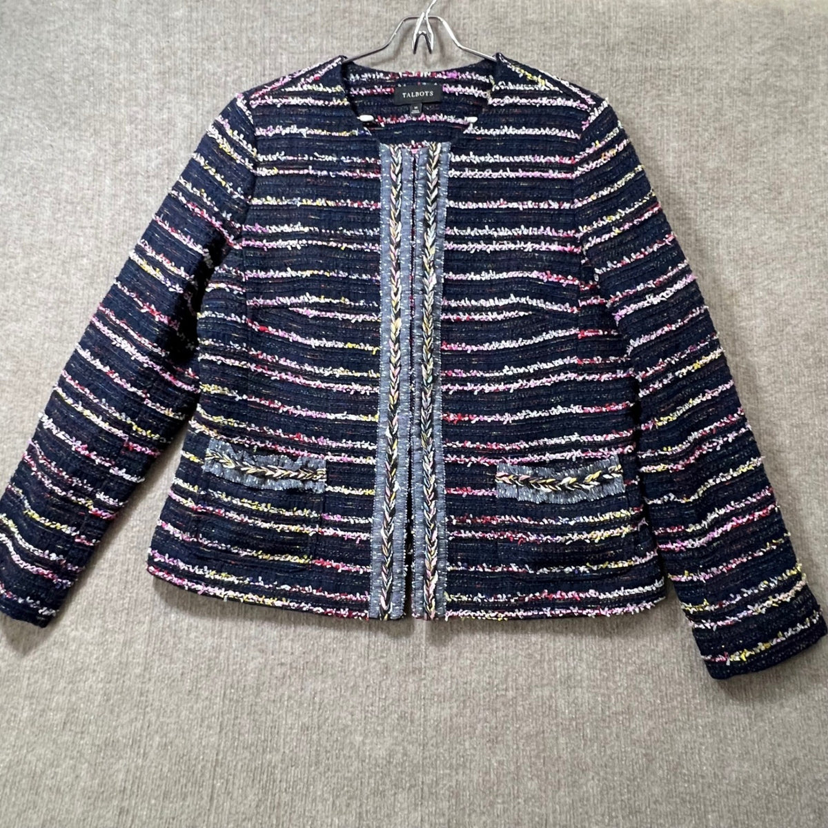 Talbots Navy Tweed Blazer Jacket Multicolor Stripe Trim Open Front Size 14