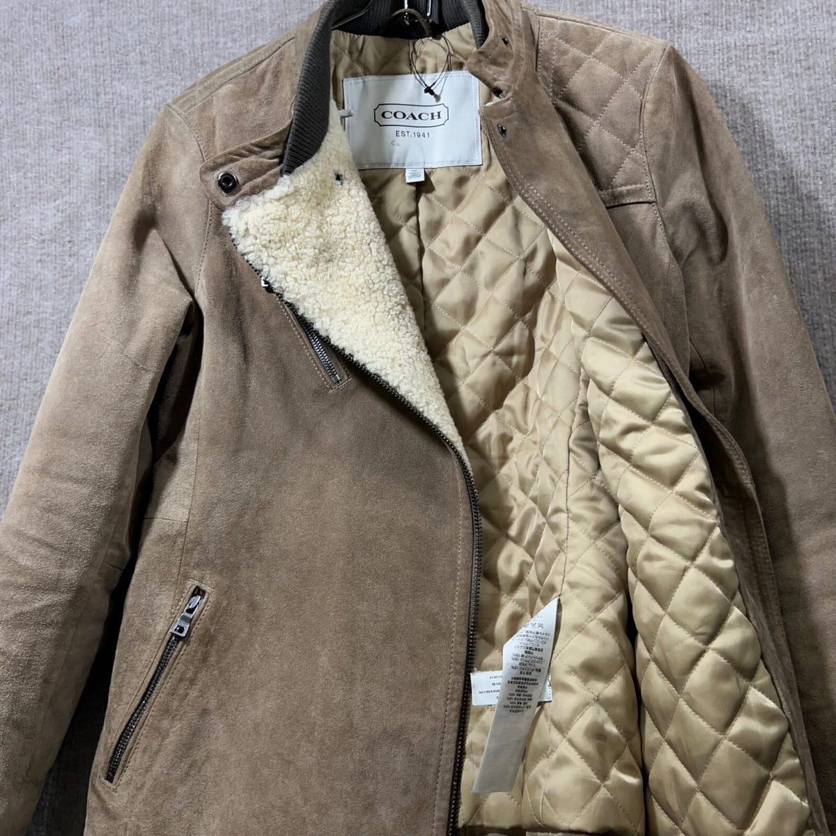 COACH Suede Biker Jacket Sherpa Lined Moto Taupe Quilted Size S No Belt