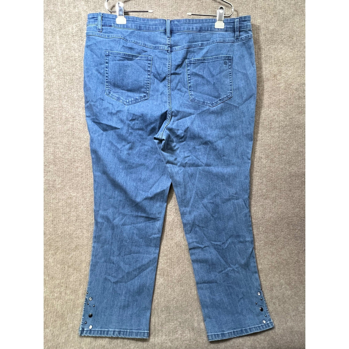 Susan Graver Blue Denim Jeans 22W Embellished Split Hem Stretch Regular Cut