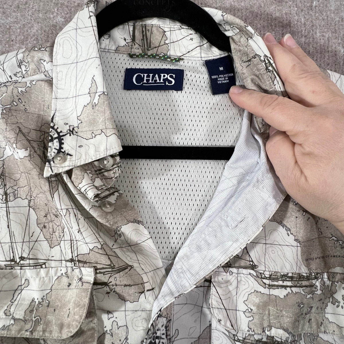 Chaps Button Up Shirt Mens Size M Map Sailboat Nautical Tan Tan Beige Gorpcore