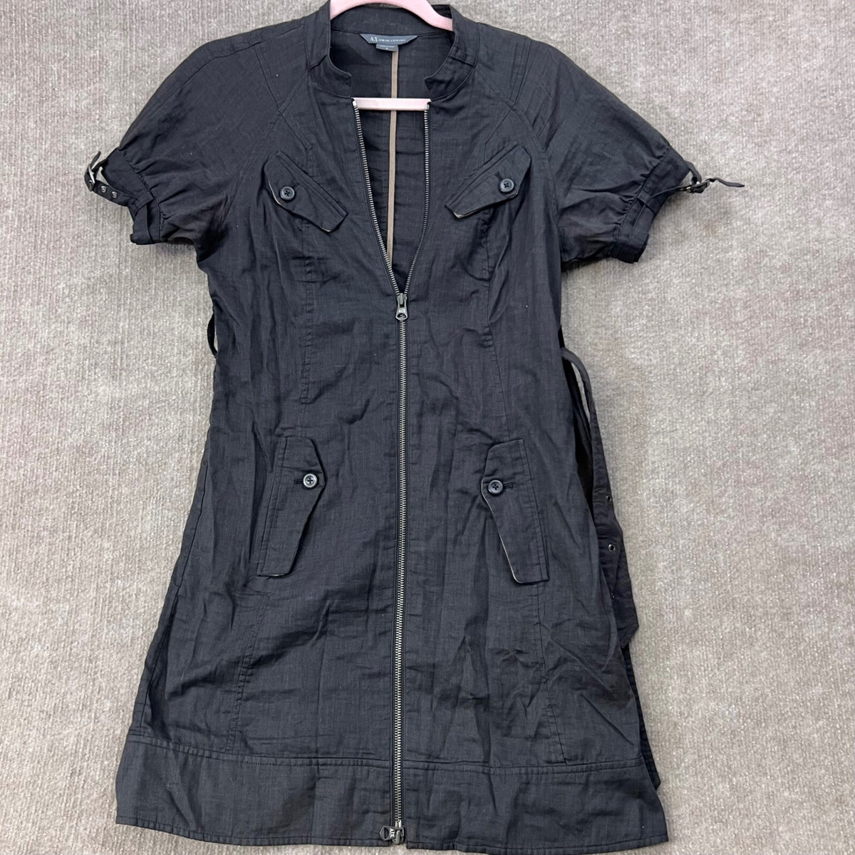 Armani Exchange A|X Black Utility Dress Sz 6 Zip Front Short Sleeve Belted