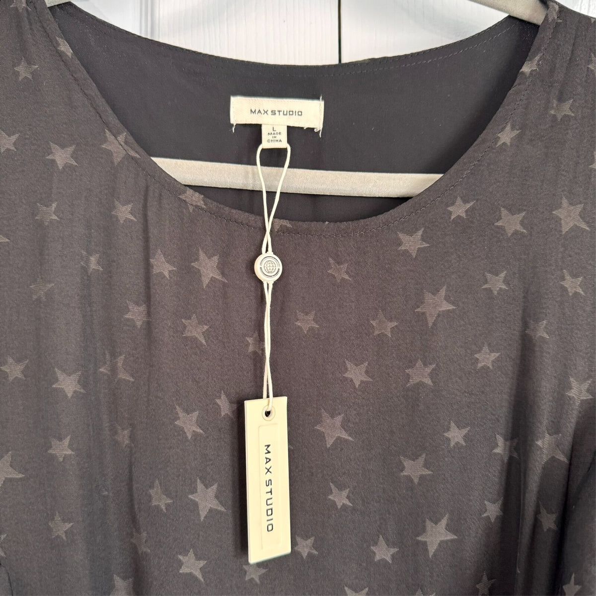 Max Studio Black Star Print Ruffle Flirty Hi-lo hem Dress Sz L Orig $138