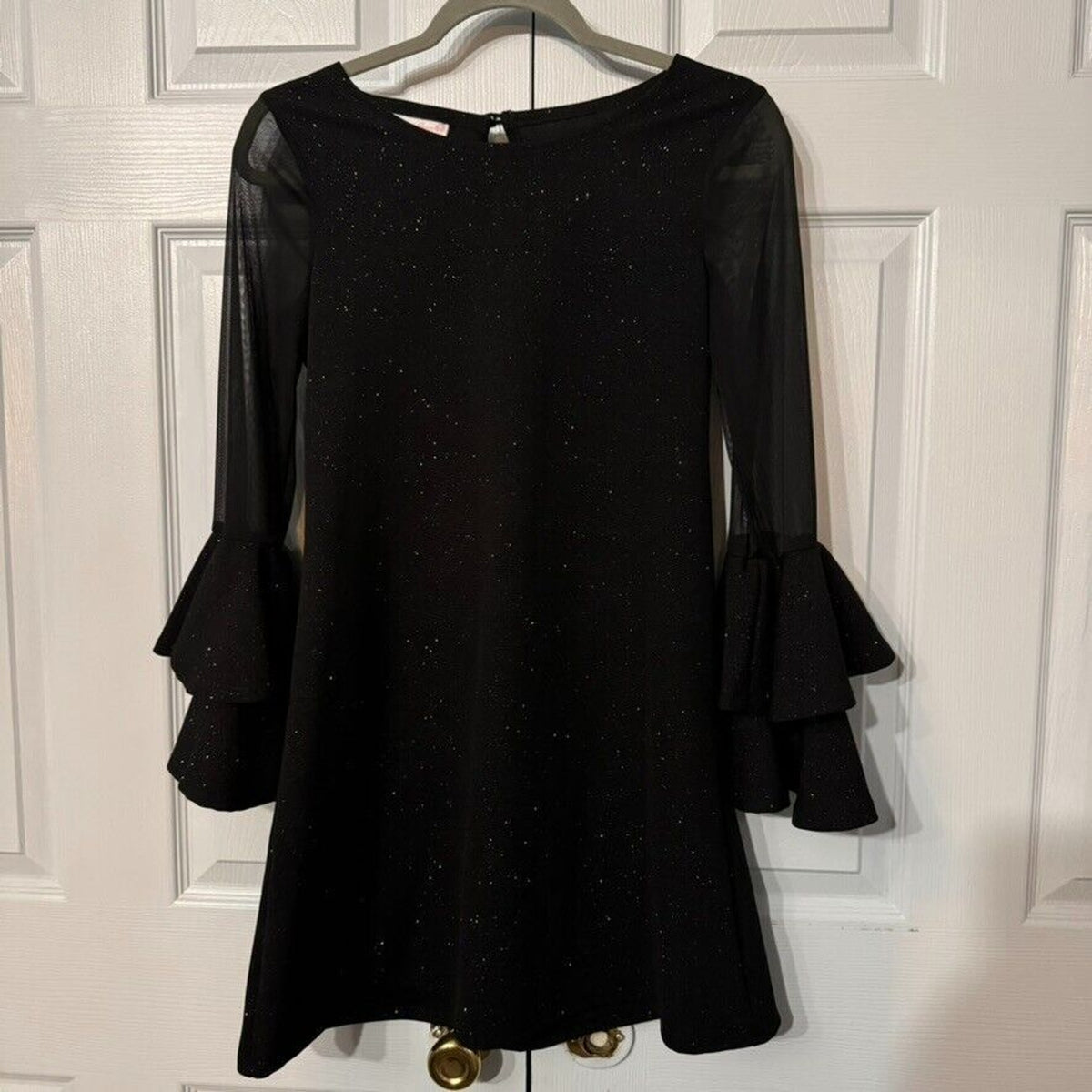 Bonnie Jean Sz 16 Girls Sparkle Black Party Dress with Ruffled Cuff Sheer Detail