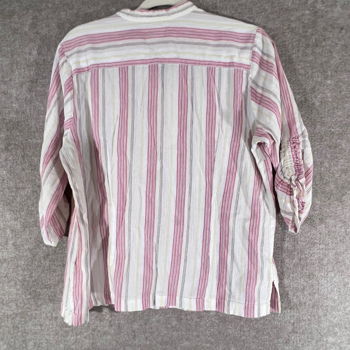 Columbia Henley Top Womens XL Pink White Striped Cotton Ruched Sleeve Minimalist