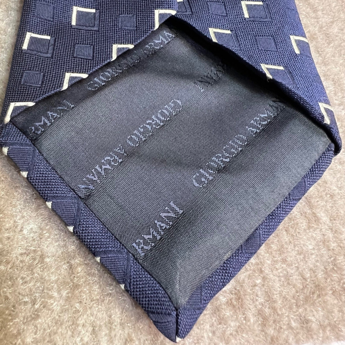 Giorgio Armani Silk Tie Mens OS Navy Blue Geometric Square Pattern Luxury Office