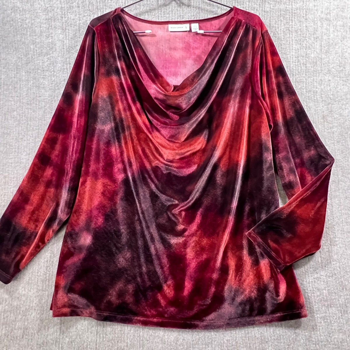Susan Graver Burgundy Red Black Tie Dye Velvet Long Sleeve Top Shirt 1X