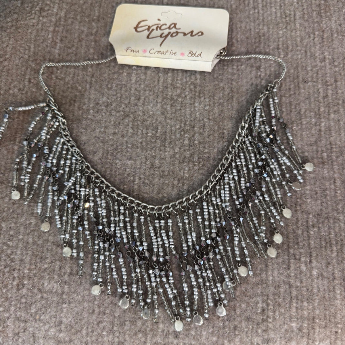Erica Lyons Necklace Womens Silver Tone Beaded Fringe Statement Boho