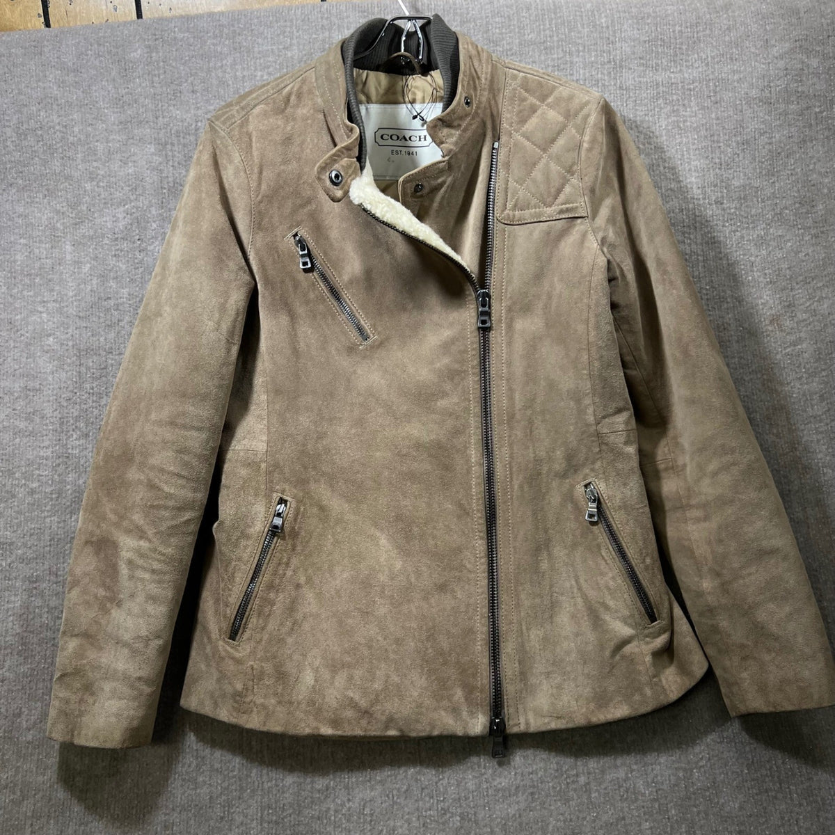 COACH Suede Biker Jacket Sherpa Lined Moto Taupe Quilted Size S No Belt