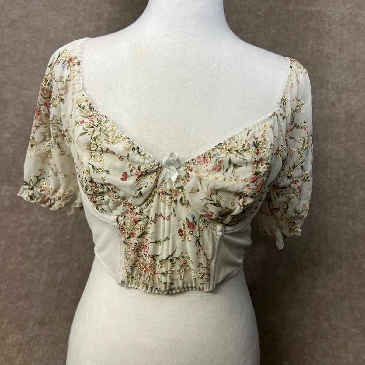 Floral Corset Crop Top Puff Sleeve Blouse White Gold Pink Party Cute