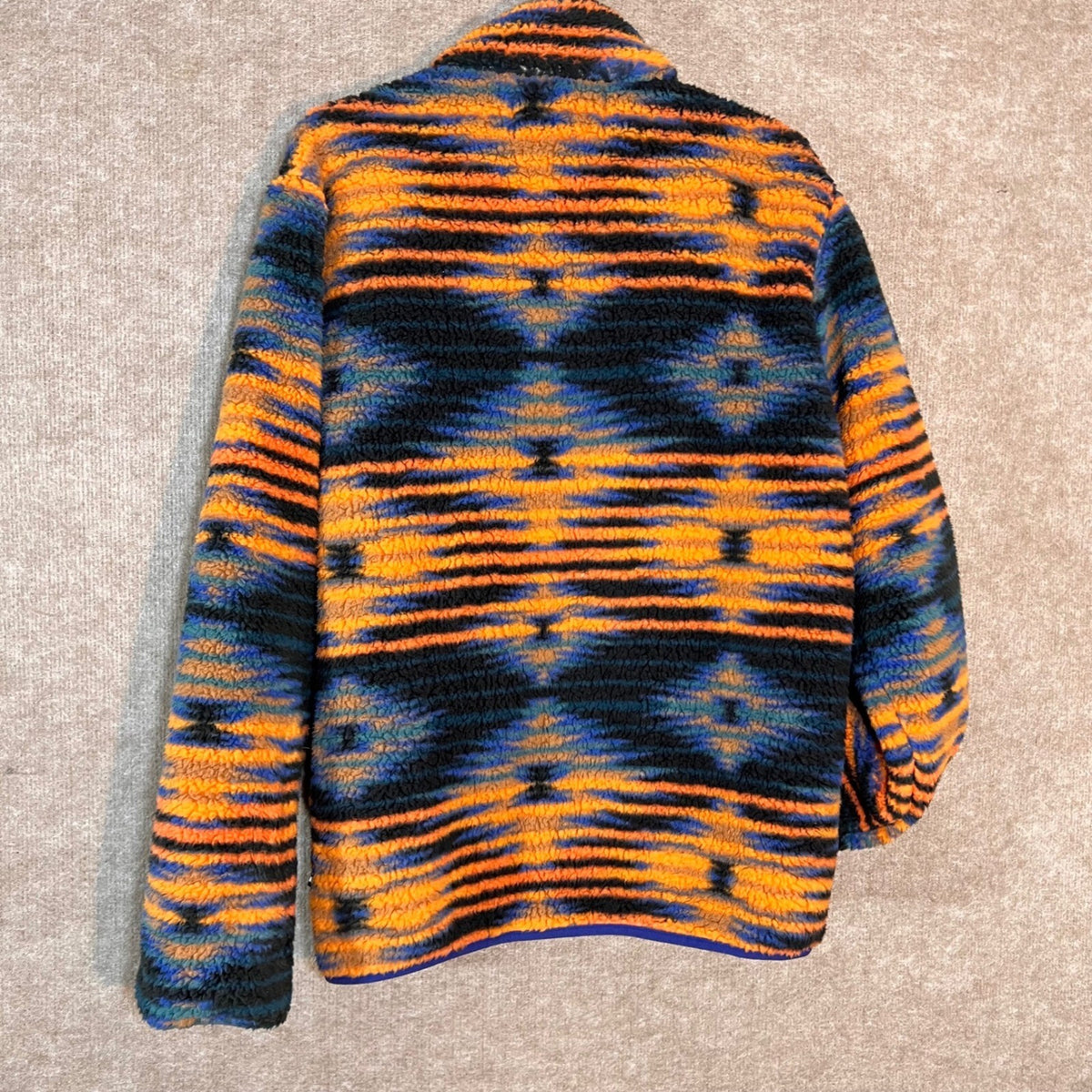 Edgar + Ash Fleece Jacket Mens Small Orange Blue Striped Full Zip Gorpcore