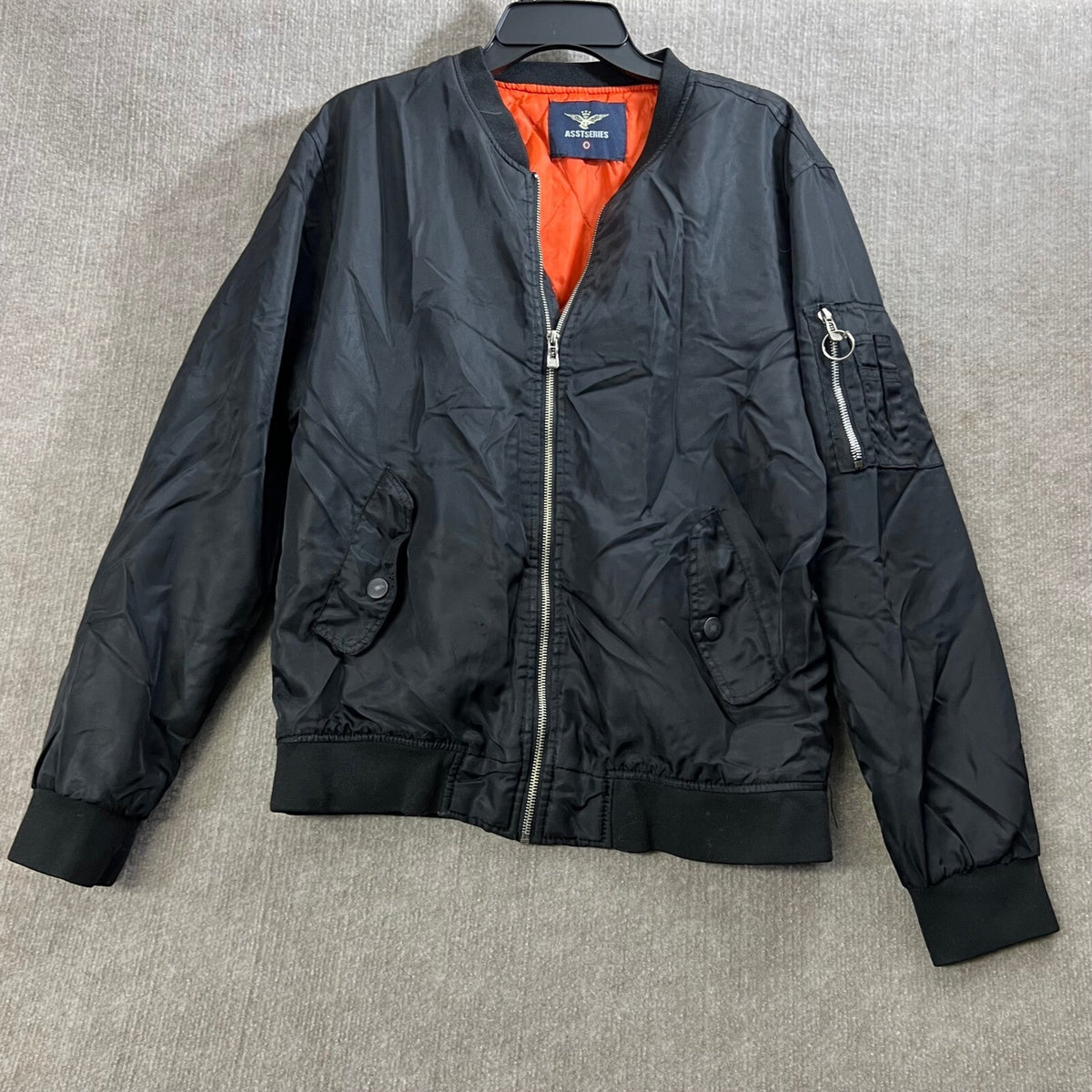 ASSTSERIES 40 R Medium Fabric Bomber Jacket Black Satin Orange Lined Lightweight