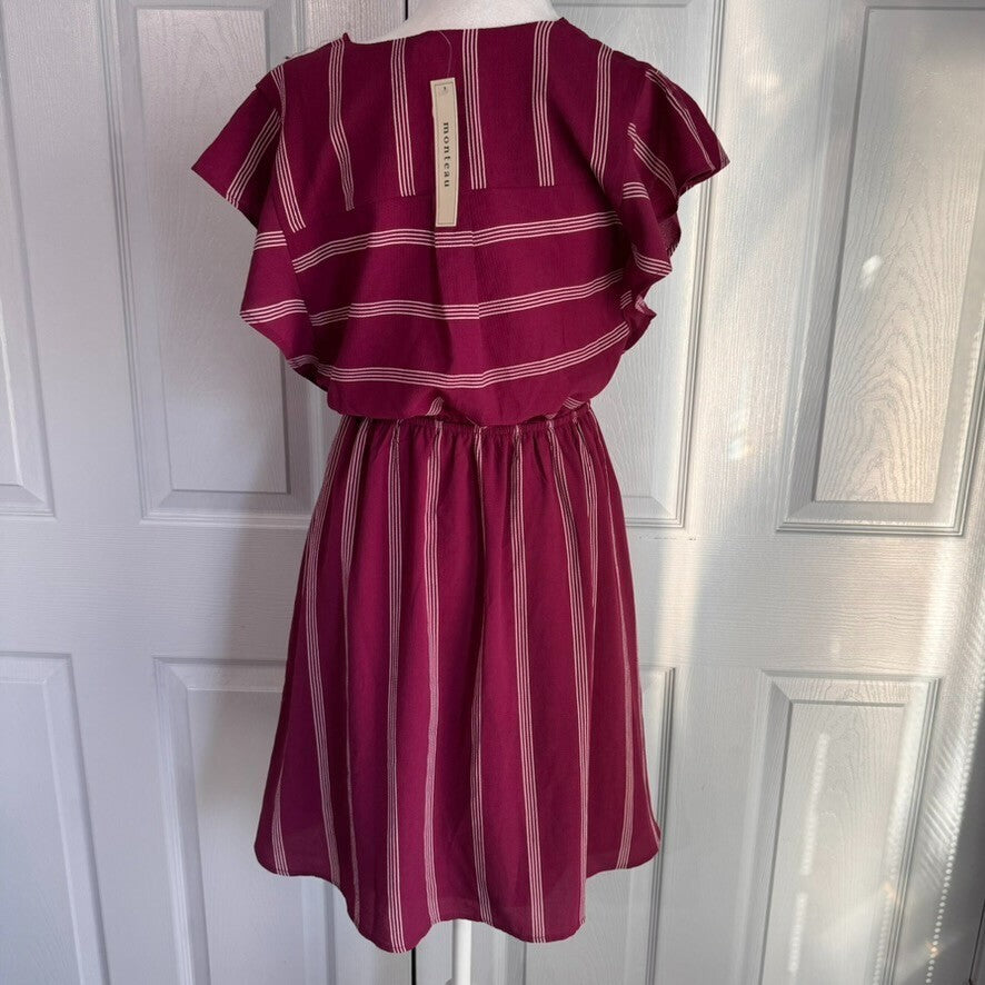 NWT Monteau Faux Wrap Lg Stripe V Neck Midi Dress w/ Flutter Sleeve Romantic