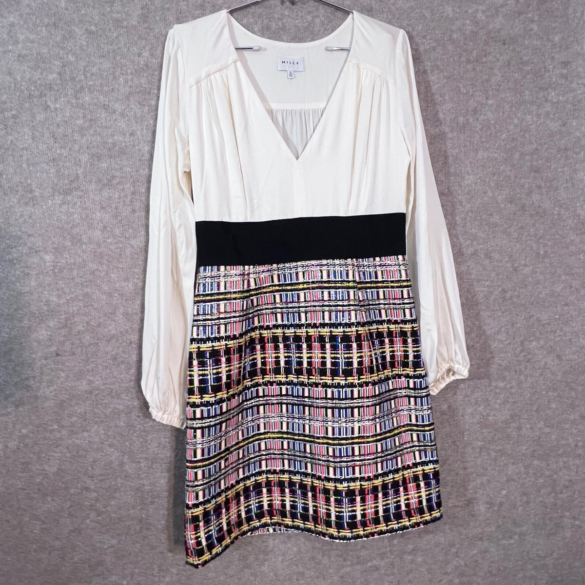 Milly Mini Dress Womens 6 Ivory Black Multi Tweed V Neck Long Sleeve Mod Chic