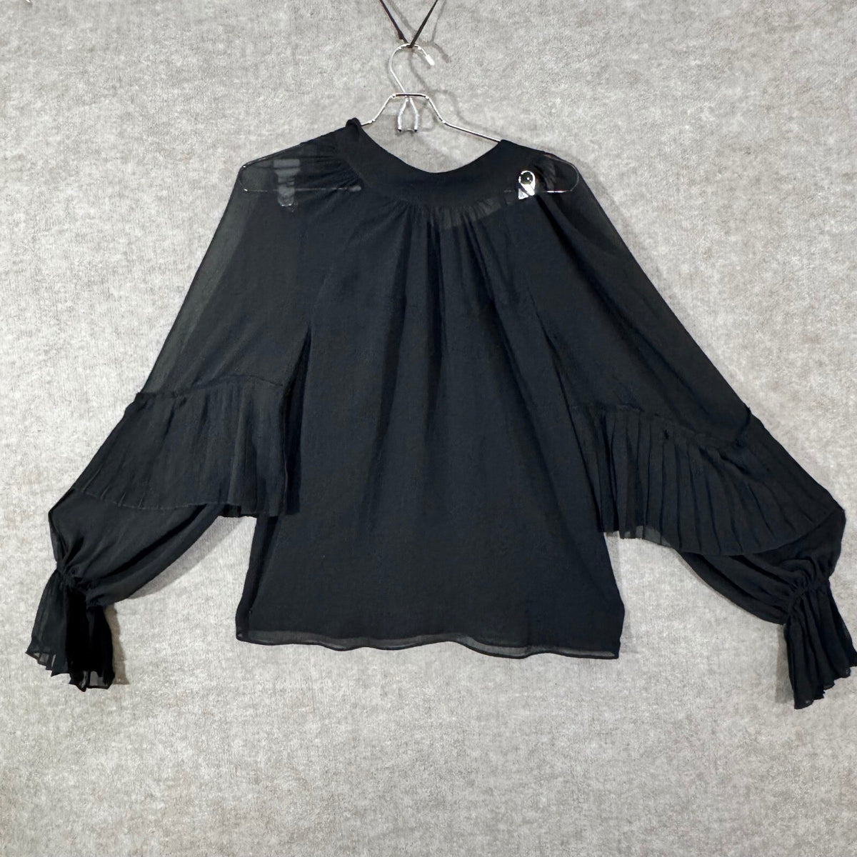 Ramy Brook Blouse Womens XS Black Sheer Pleated Balloon Sleeve Dressy Top