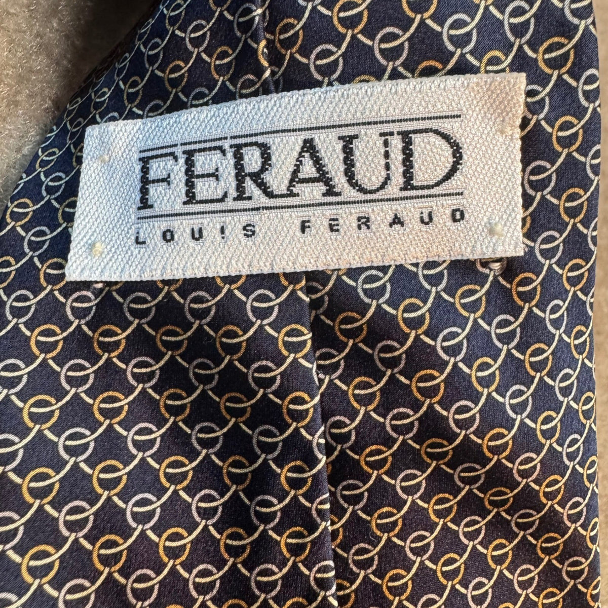 Louis Feraud Silk Tie Mens OS Blue Gold Chain Link Geometric Career Classic