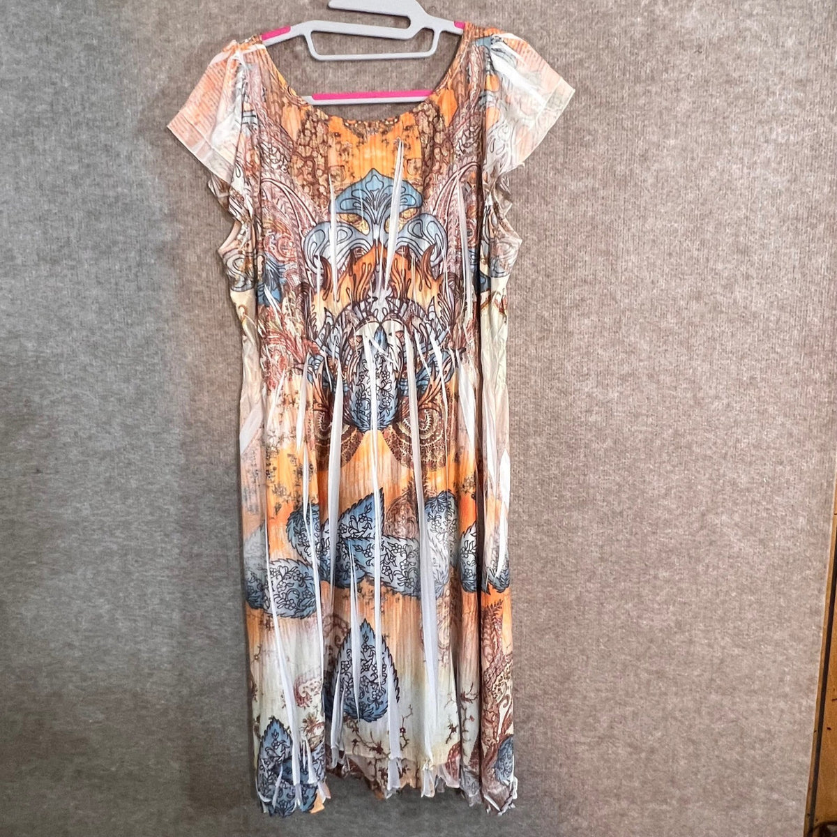 Unity World Wear Dress Womens Large Orange Paisley Crochet Neckline Boho Chic