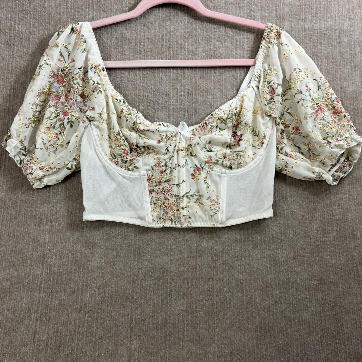 Floral Corset Crop Top Puff Sleeve Blouse White Gold Pink Party Cute