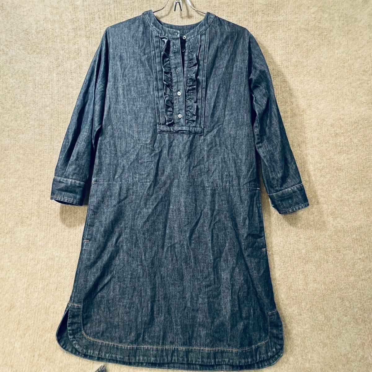 Weekend Max Mara Belted Denim Chambray Ruffle Front Tunic Dress Modest Size 0 XS