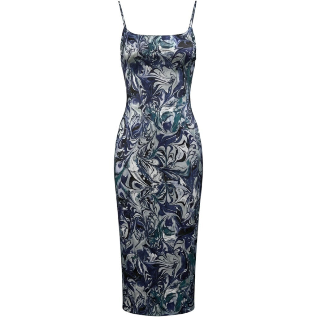 Abercrombie & Fitch Slit Satin Midi Dress S Blue Marble Print Sheath Bodycon