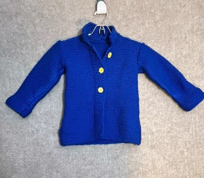 Hand Made Knit Jacket Kids Blue, 18mo Yellow Flower Buttons Bespoke Tagless