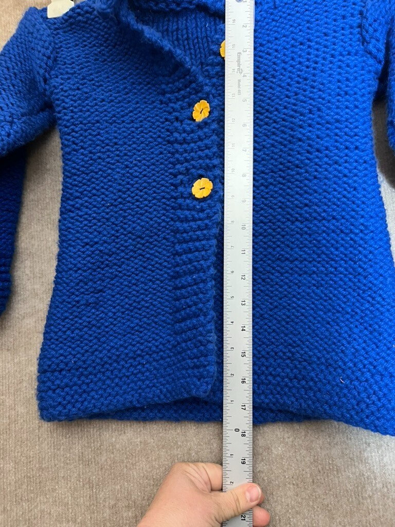 Hand Made Knit Jacket Kids Blue, 18mo Yellow Flower Buttons Bespoke Tagless