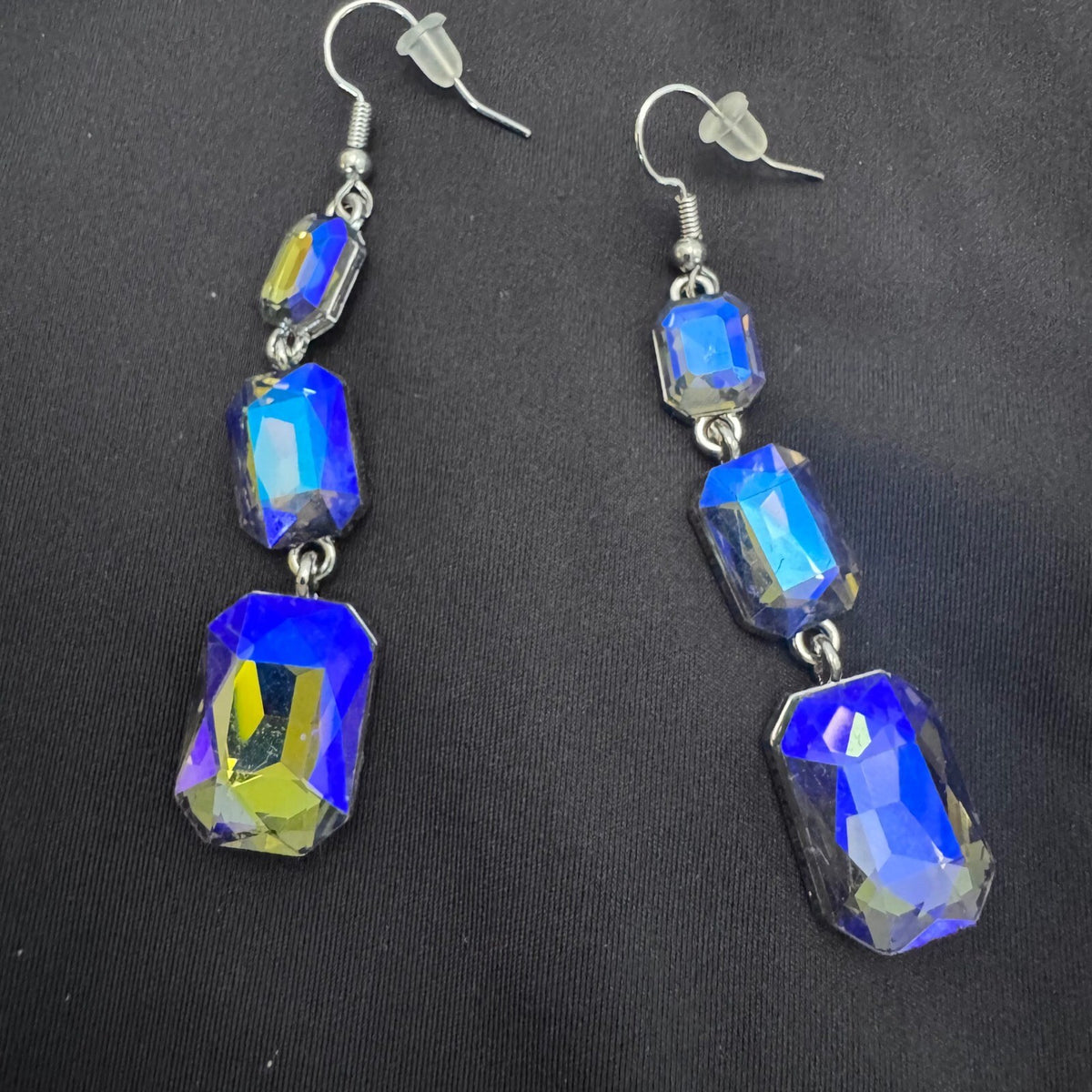 Dangle Drop Earrings Blue Aurora Borealis AB Silver Tone Costume
