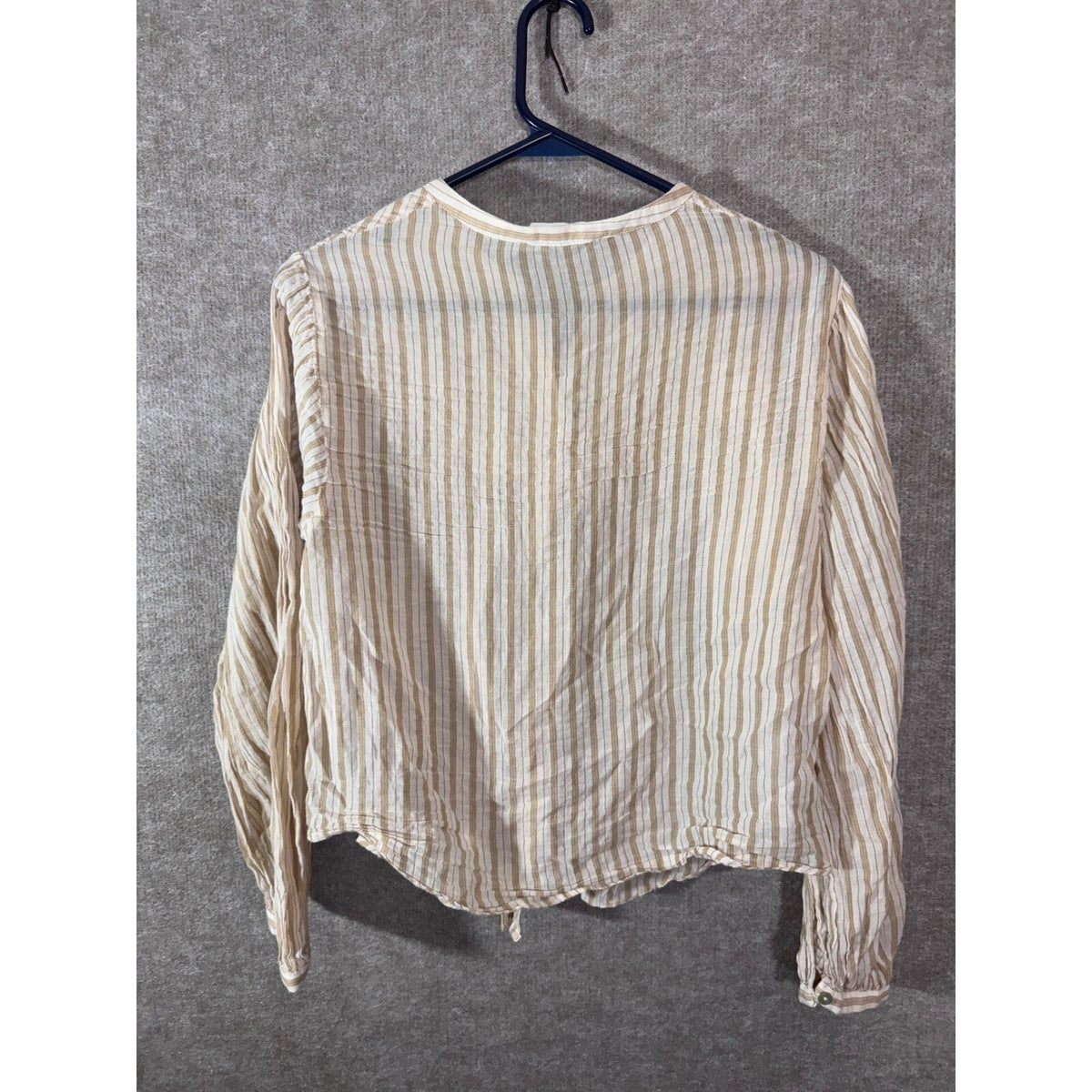 MNG Mango Striped Button Front Blouse Womens XS 2 Tan Long Sleeve Boho Prairie
