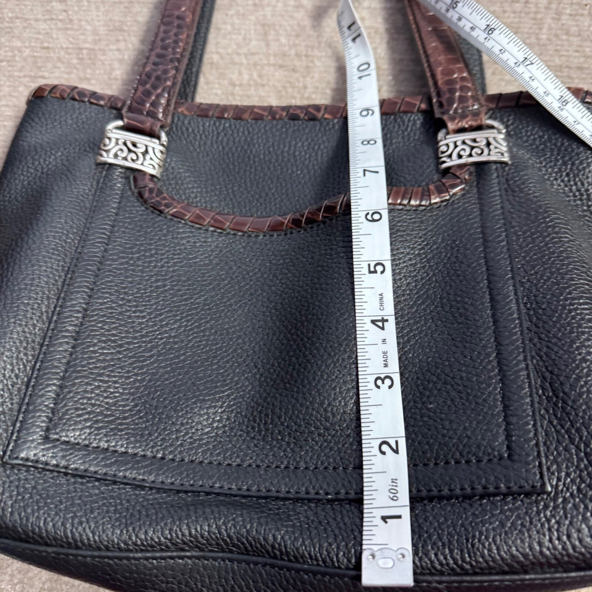 Brighton Leather Tote Bag Womens Black Brown Croc Trim Silver Hardware Classic