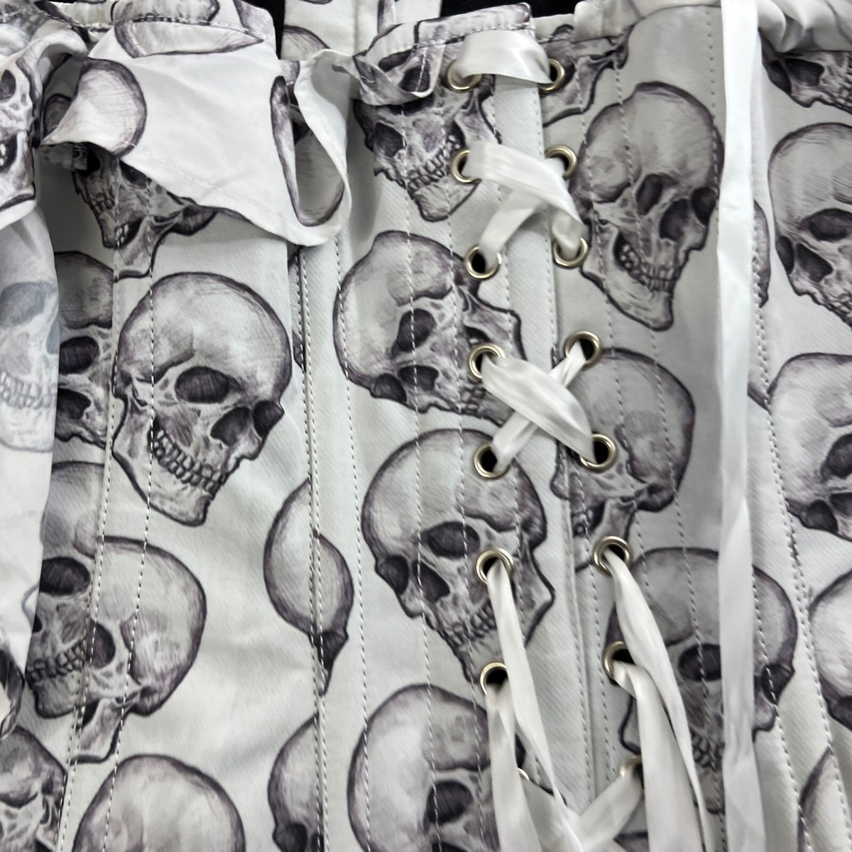 Corset Story L UK 16 / 30" Skull Print Boned Corset Off Shoulder Gothic Punk Alt