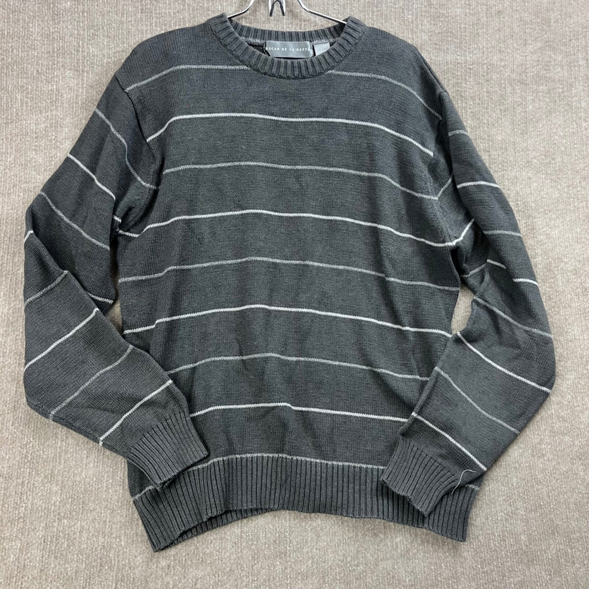 Oscar De La Renta Men's Gray Striped Crew Neck Sweater Size L Cotton Blend