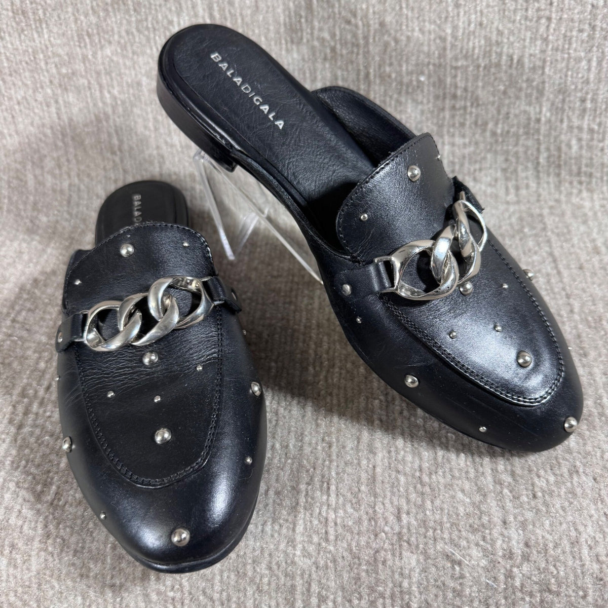 BALA DI GALA Black Leather Studded Handmade Mules Loafers Slip On Slides 7L