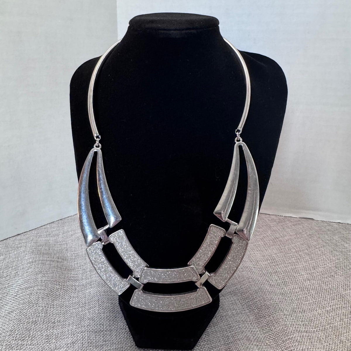 Statement Necklace Silver Tone Collar Bib Chunky Adjustable Chain