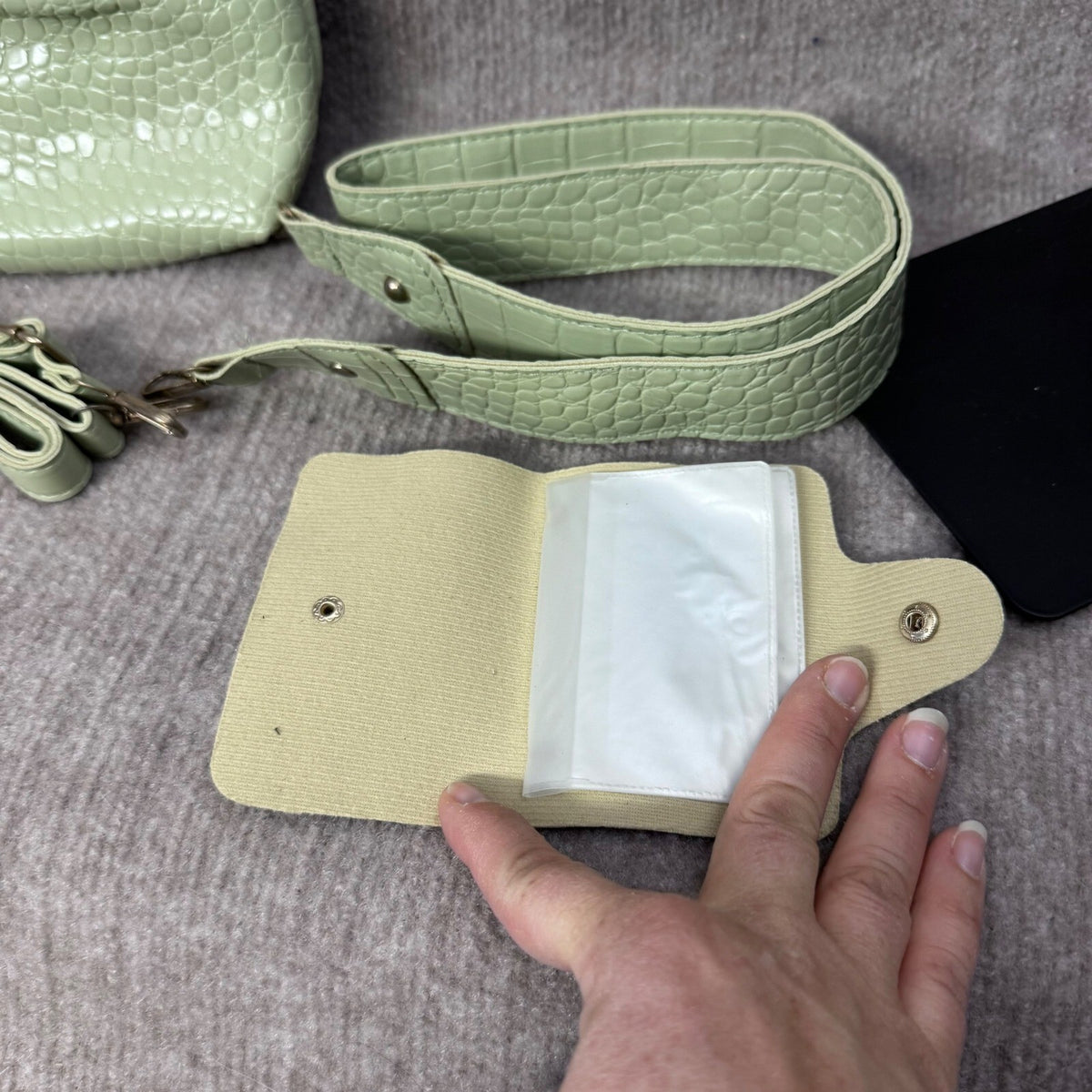 Sage Green Croc Embossed 3 PC Synthetic Purse Set Bucket Bag Crossbody Wallet