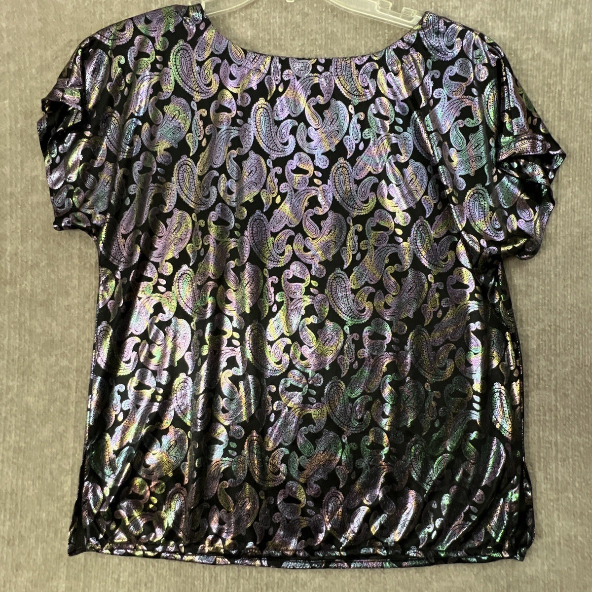 Sparkle Paisley Med Print Short Sleeve Top Metallic Black Purple Green Women