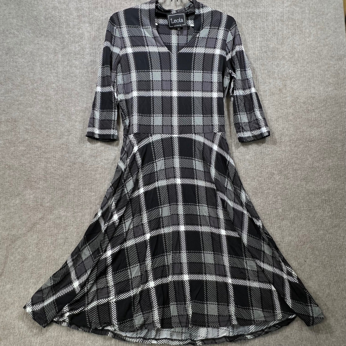 Leota Plaid Midi Dress 3/4 Sleeve V Neck A Line Made in New York Size L