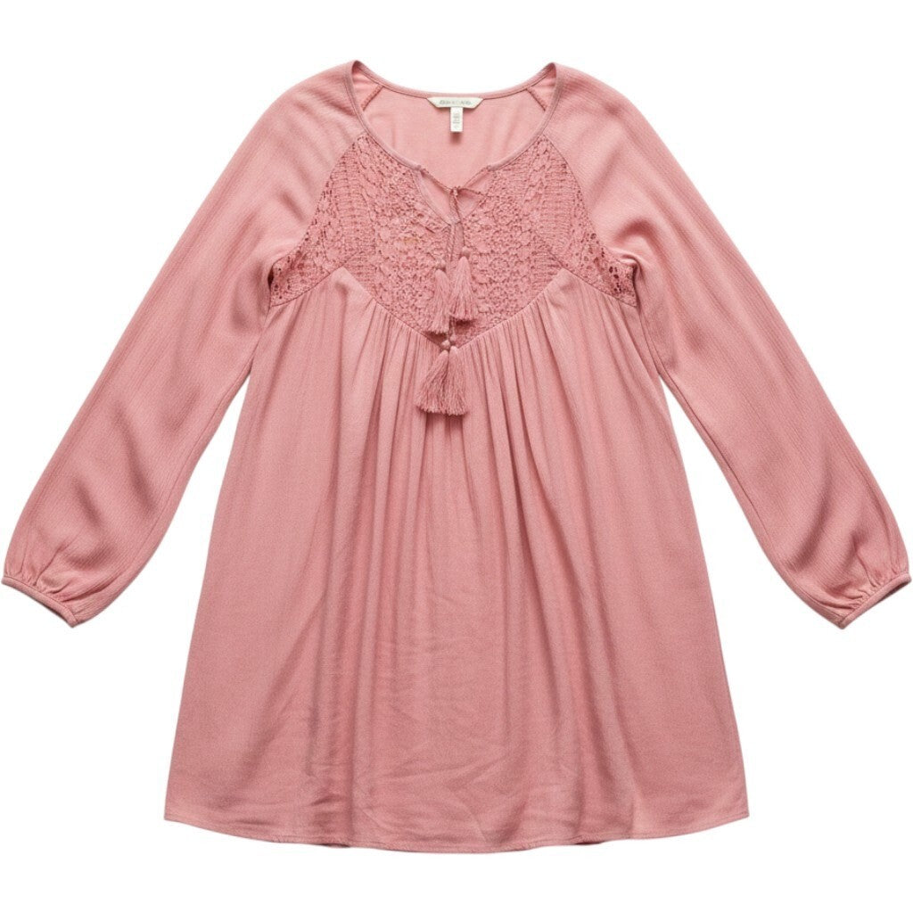 Purple Snow Lace Trim Long Sleeve Tunic Dress Womens Medium Pink Boho Peasant