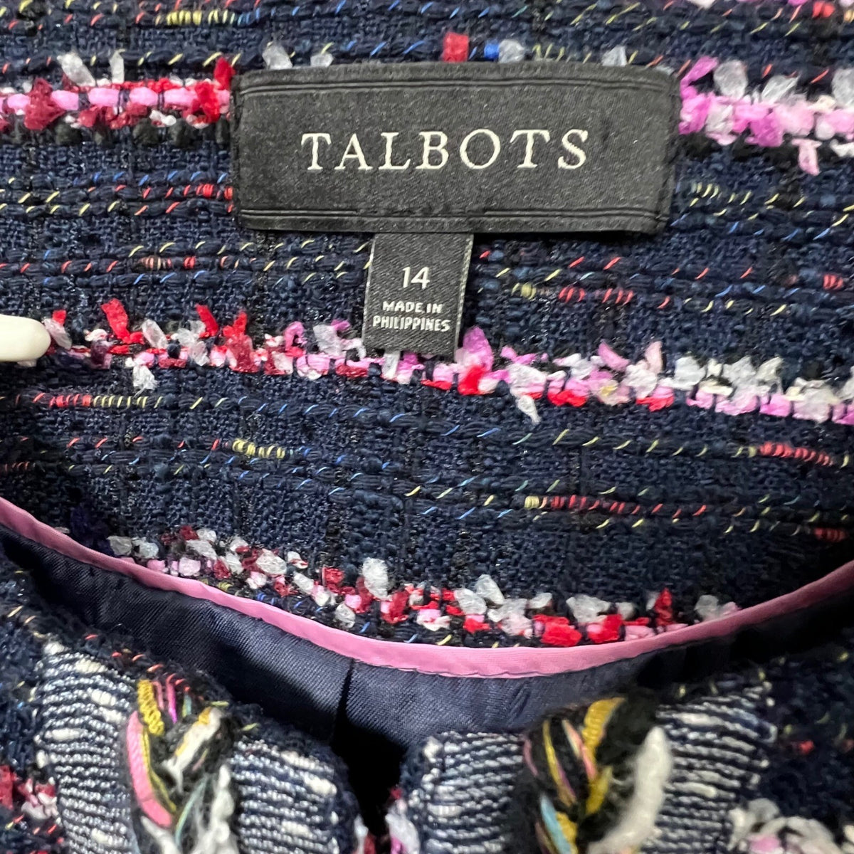 Talbots Navy Tweed Blazer Jacket Multicolor Stripe Trim Open Front Size 14