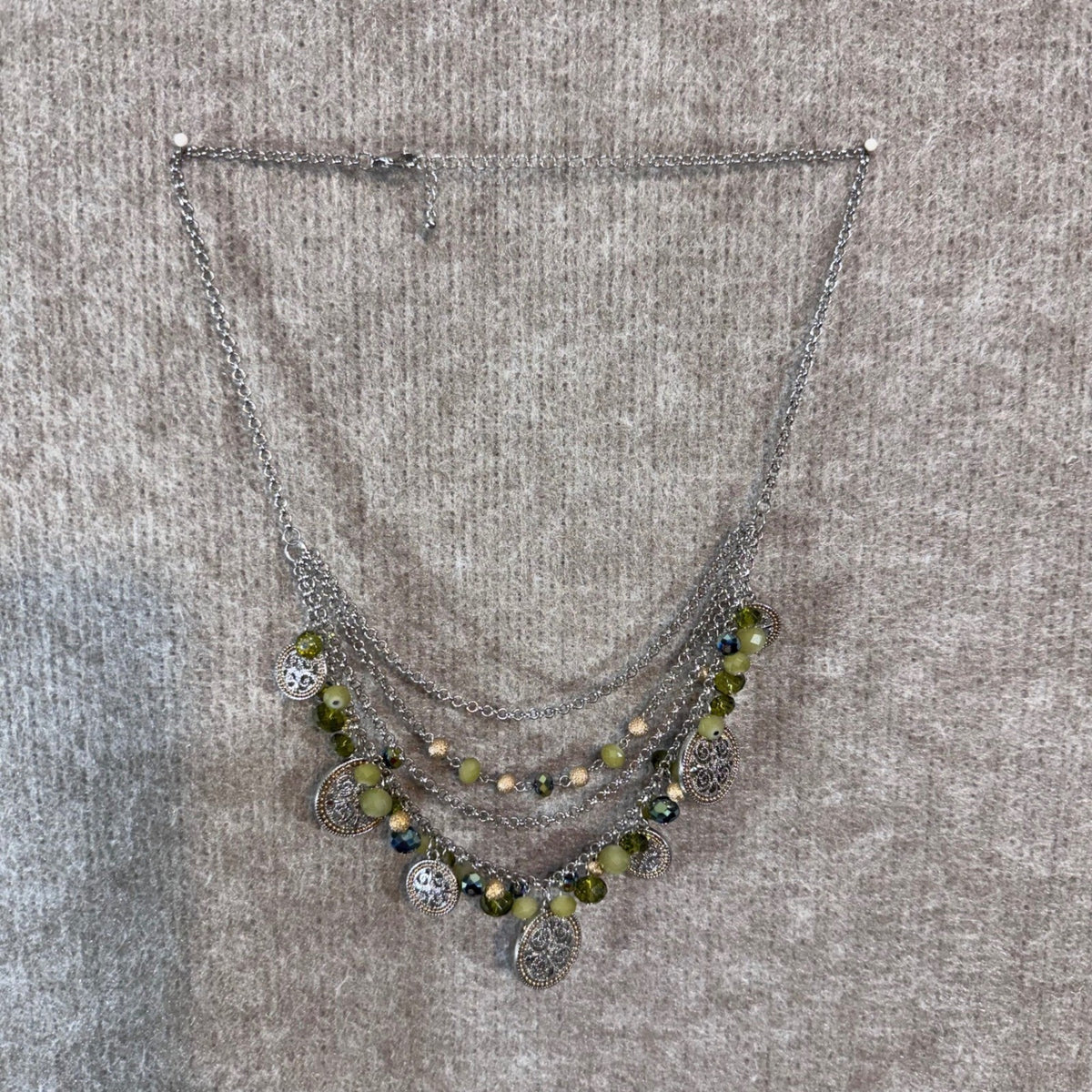 Boho Tree of Life Statement Necklace Green Crystal Beaded Silver Tone