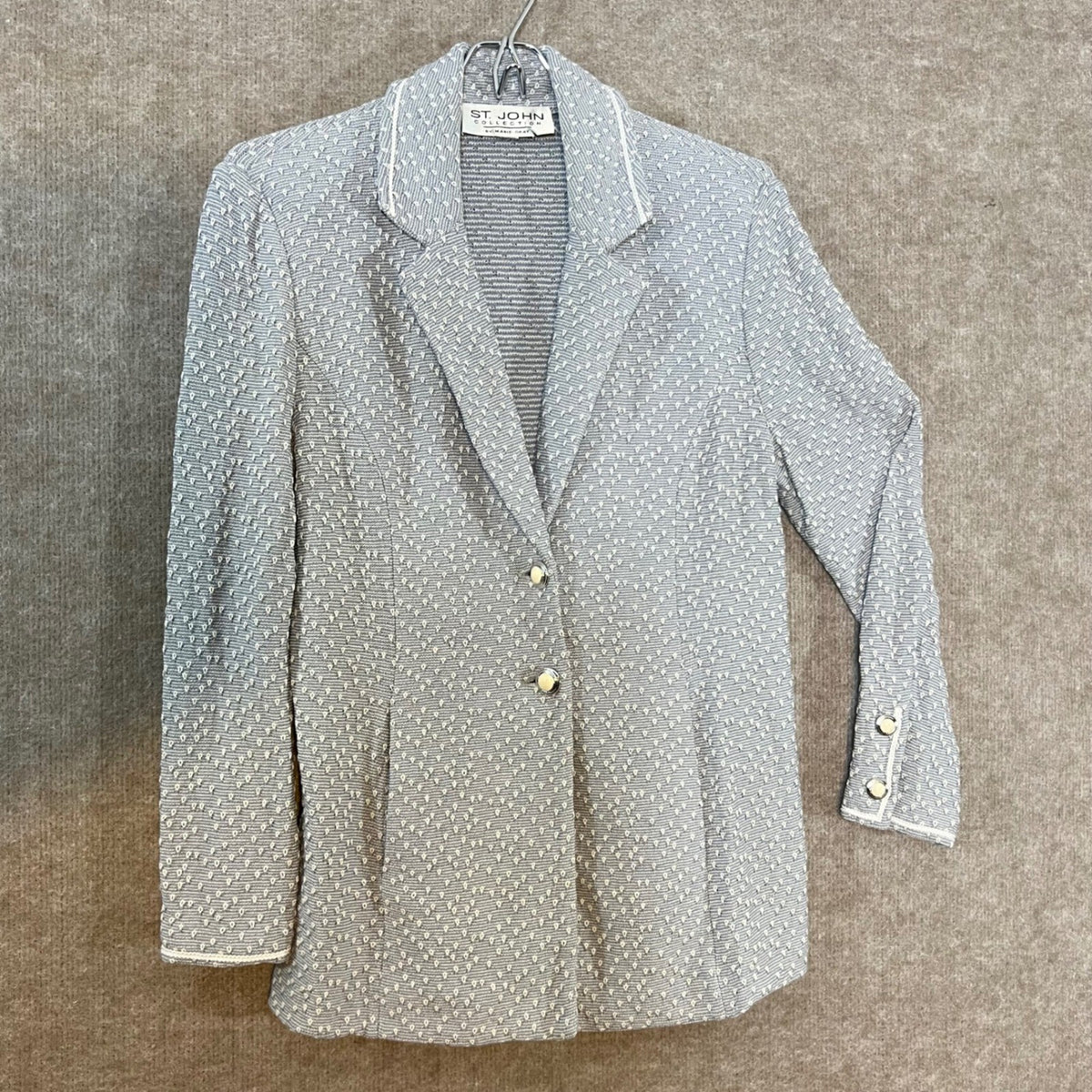 Vintage St. John Knit Blazer S Women Blue White Pointelle Santana Knit Old Money