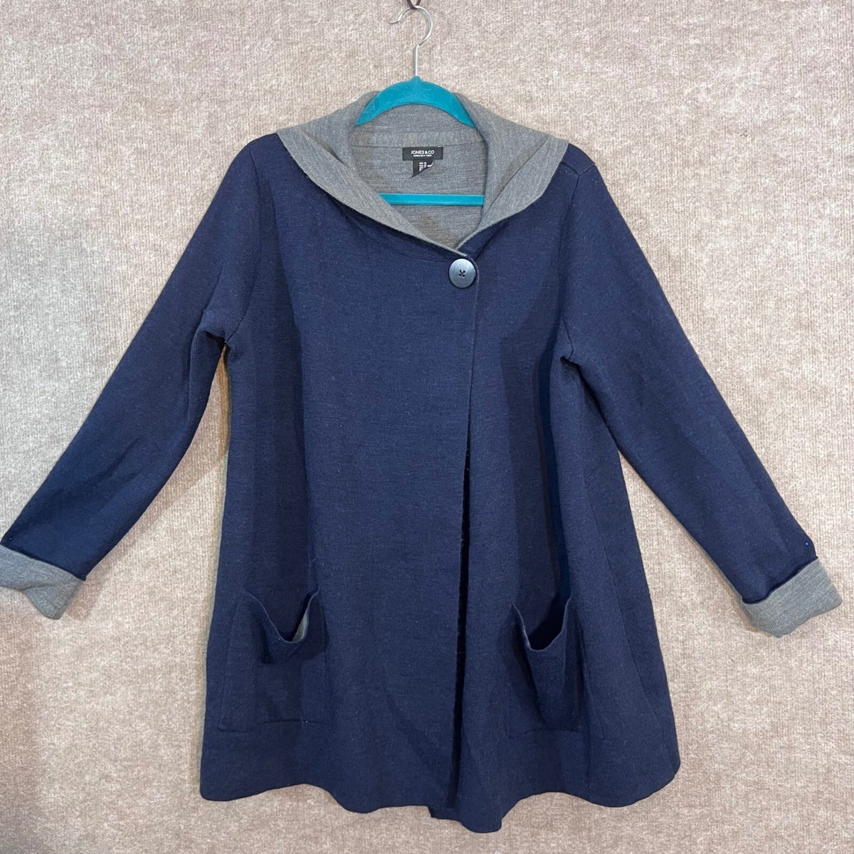 Jones New York Jones & Co Cardigan Womens 1X Navy Blue Gray Hooded Knit Coastal