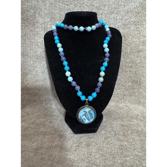 Artisan Mixed Gemstone Beaded Necklace Sea Turtle Pendant Blue Purple Aqua Boho