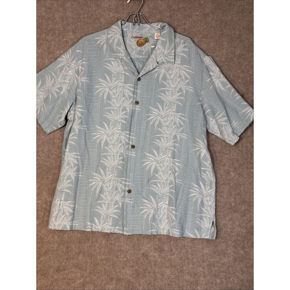 Caribbean Men Hawaiian Shirt Blue Silk Blend Short Sleeve Button Up XL