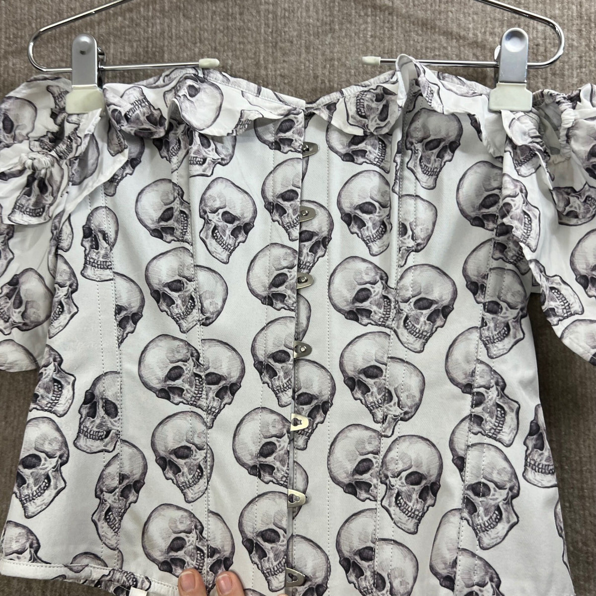 Corset Story L UK 16 / 30" Skull Print Boned Corset Off Shoulder Gothic Punk Alt