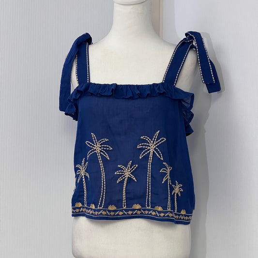 Band of the Free Palm Tree Embroidered Navy Blue Tie Strap Ruffle Tank Top