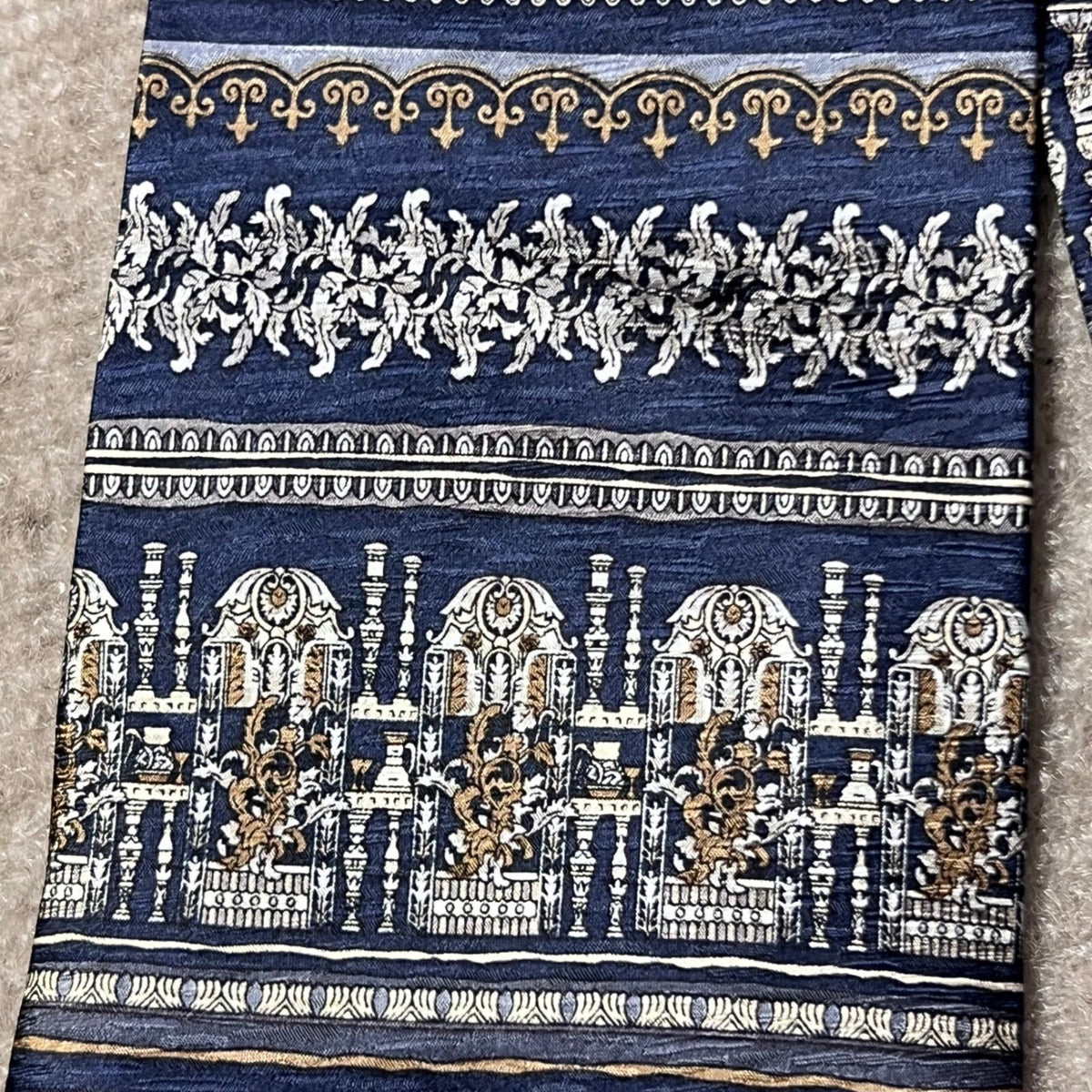 Tesoro Rosso Uomo Moda Blue Silk Necktie Architecture Pattern Art Deco Style