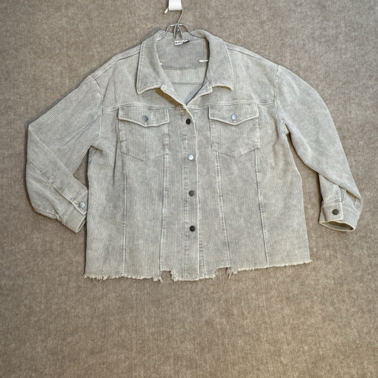 KATYdid XL Neutral Corduroy Distressed Woman’s Shacket Button Up Grey Raw Hem