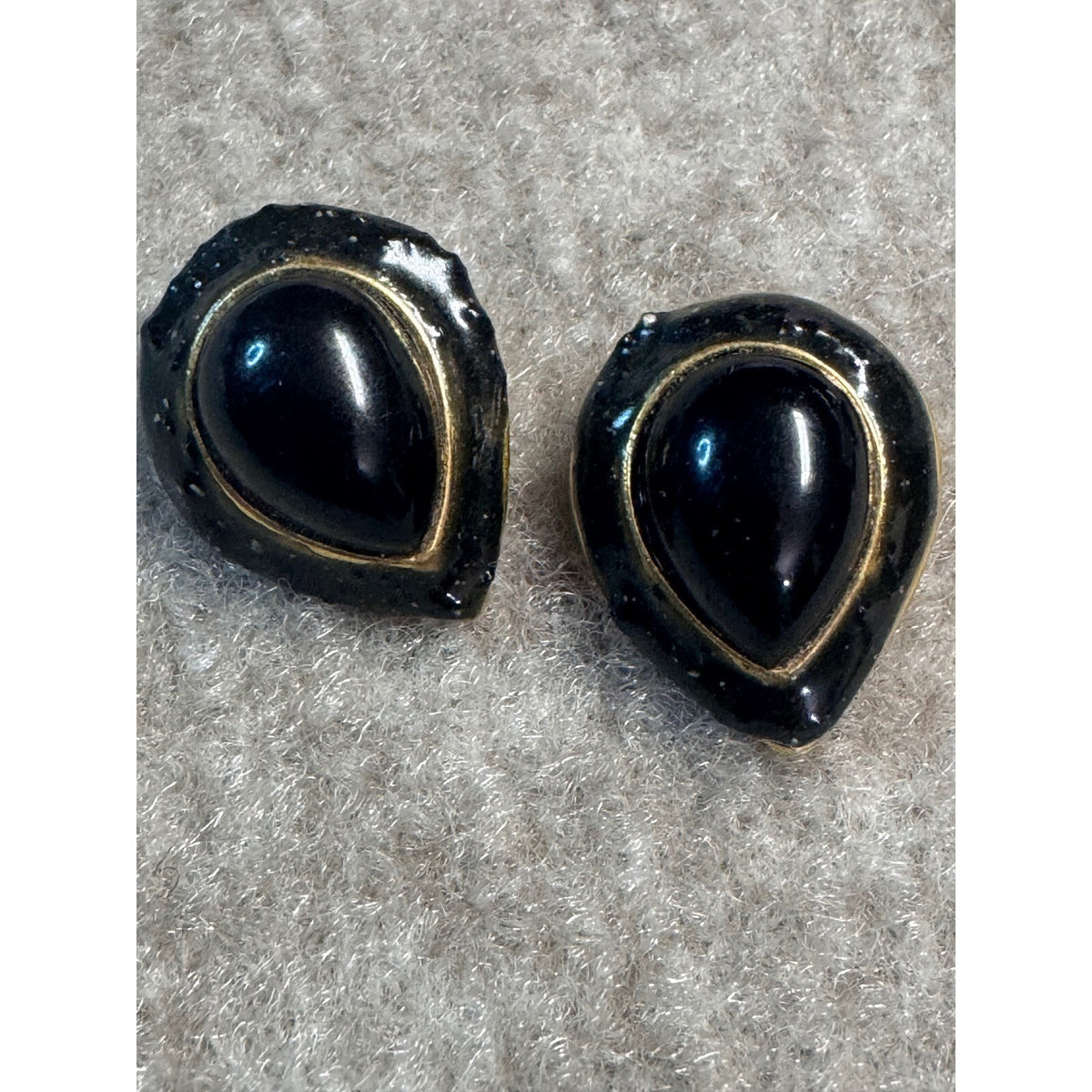 Vintage Earrings  x2 Black Enamel Gold Tone Teardrop Hoop Lot