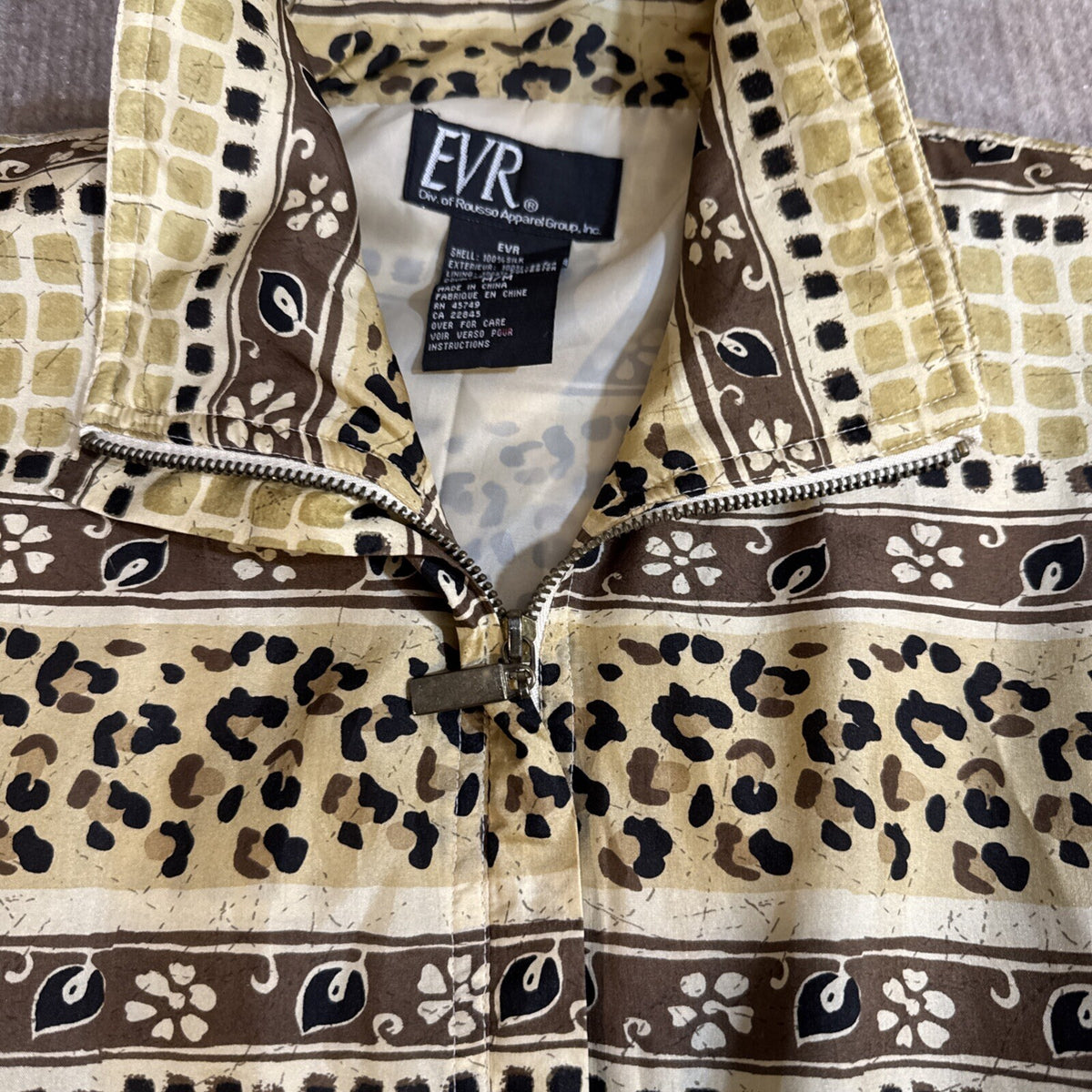 EVR Women Warmup Jacket M Silk Full Zip Animal Print Mom Athleisure Retro