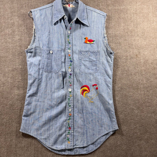King Kole Vintage Denim Sleeveless Shirt Hand-Stitched Embroidered Artsy Sm 14