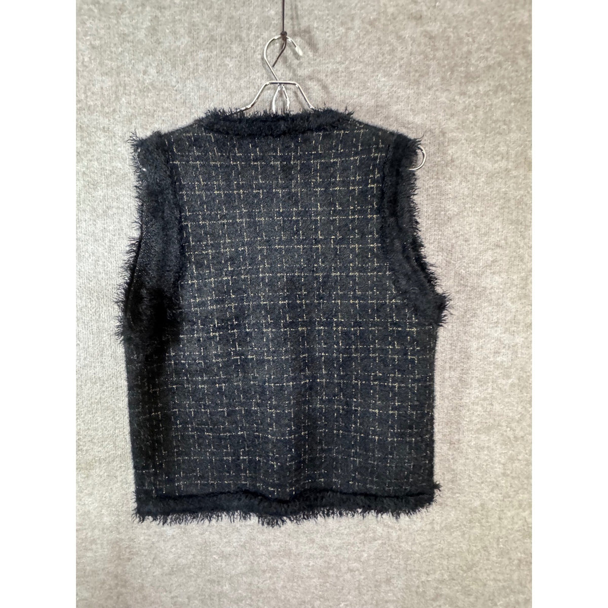 Tweed Button Up Vest Women Large Black Gold Frayed Trim Preppy Coquette